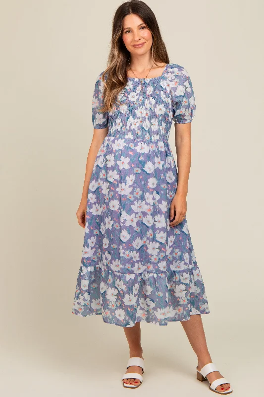 Women's midi dress fun flair -Periwinkle Floral Smocked Maternity Midi Dress