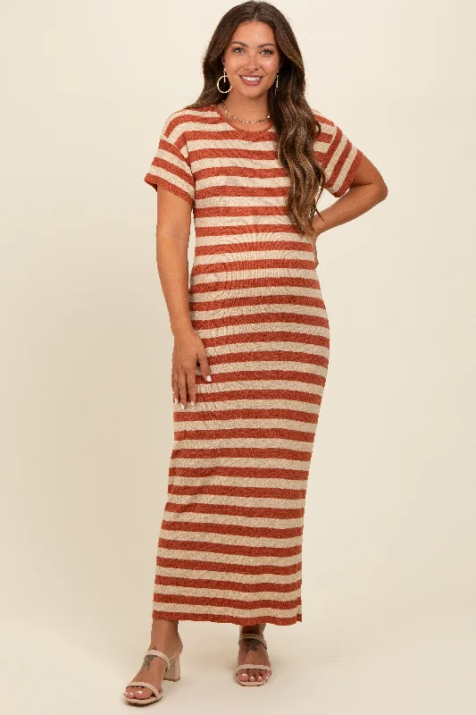 Women's midi dress grid chic -Rust Striped Knit Maternity Midi Dress