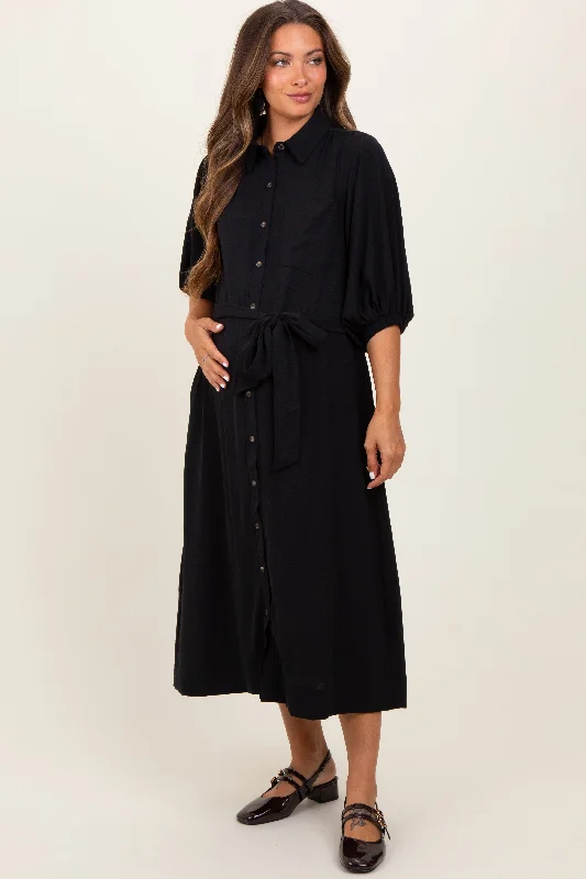 Women's midi dress bold hue -Black Sash Tie Maternity Midi Shirt Dress