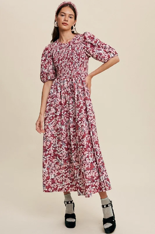 Women's floral dress dawn chic -Magenta Flower Print Smocked Poplin Maxi Dress