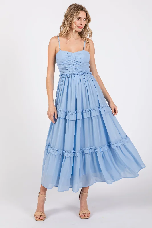 Women's midi dress roar glow -Light Blue Sleeveless Pleated Ruffle Tiered Midi Dress