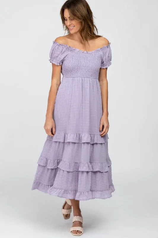 Women's midi dress new flair -Lavender Smocked Ruffle Midi Dress