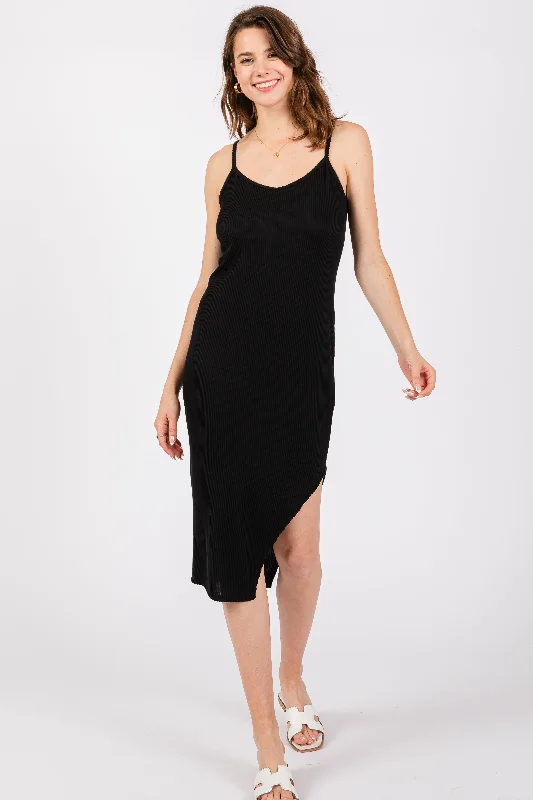 Women's midi dress shy glow -Black Ribbed Side Slit Sleeveless Midi Dress