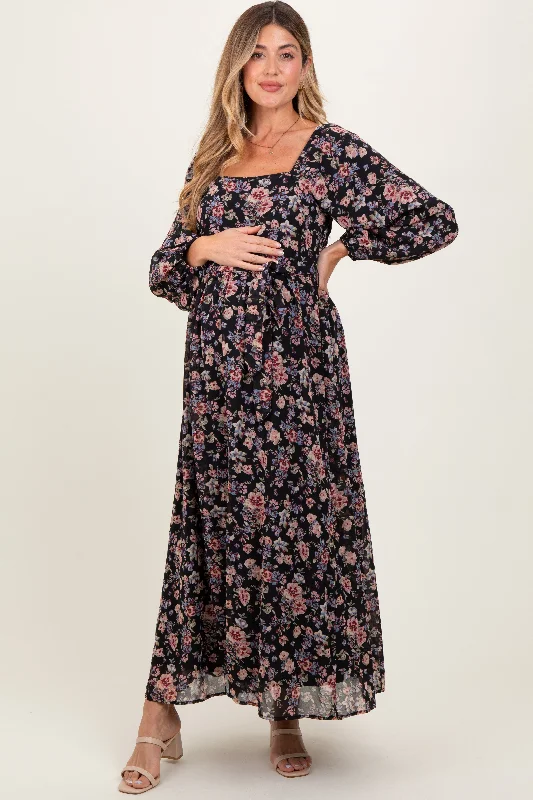 Women's midi dress tall flair -Black Floral Square Neck Front Tie Maternity Midi Dress