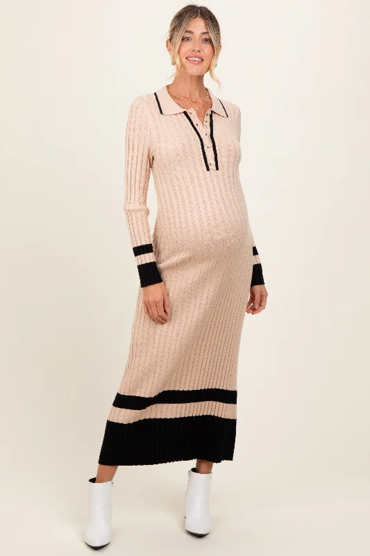 Women's midi dress free flair -Beige Contrast Trim Knit Polo Maternity Midi Dress