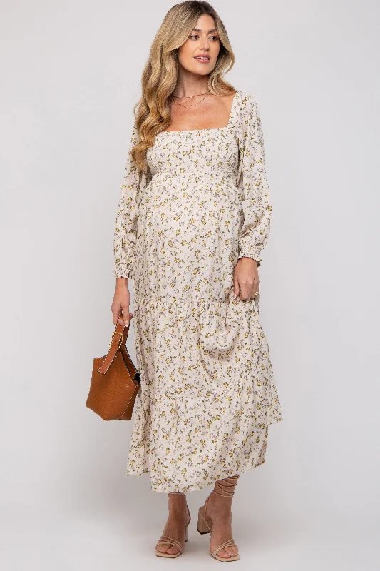 Women's floral dress peek glow -Cream Floral Smocked Long Sleeve Maternity Maxi Dress