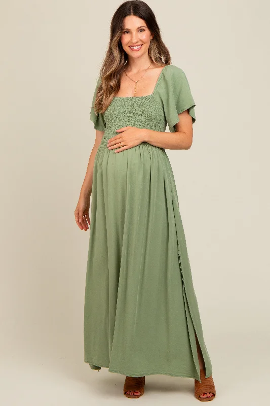 Women's floral dress zest chic -Light Olive Chambray Smocked Maternity Maxi Dress