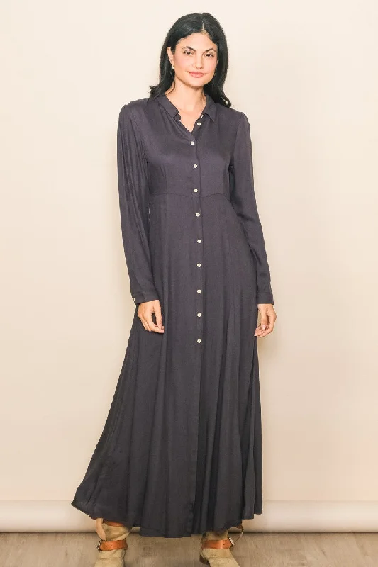 Women's floral dress wide bloom -Charcoal Collared Button Down Long Sleeve Maxi Dress