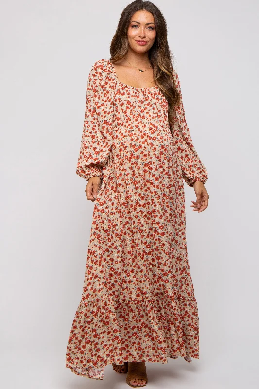 Women's floral dress rise bloom -Beige Floral Square Neck Ruffle Maternity Maxi Dress