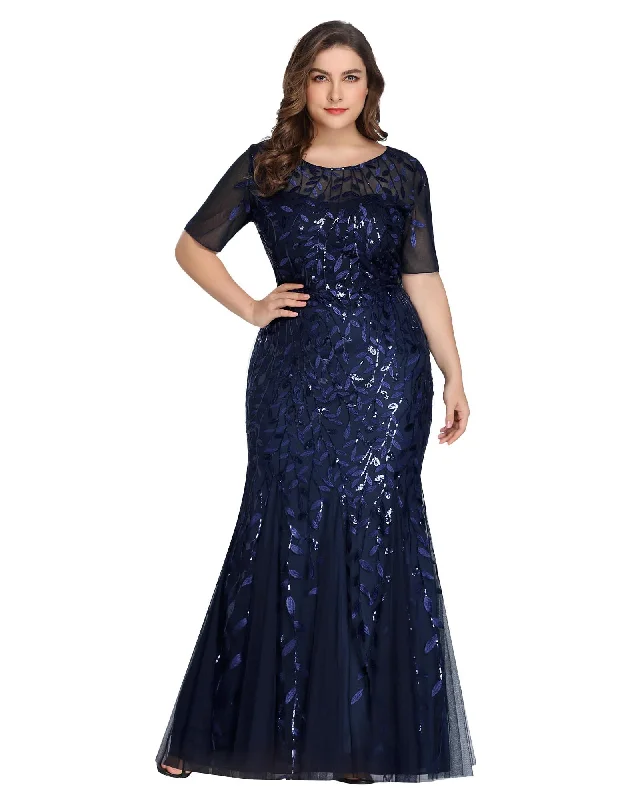 ladies-floral-dress-blue-bloom-Floral Sequin Mermaid Tulle Evening Dress | Navy Blue