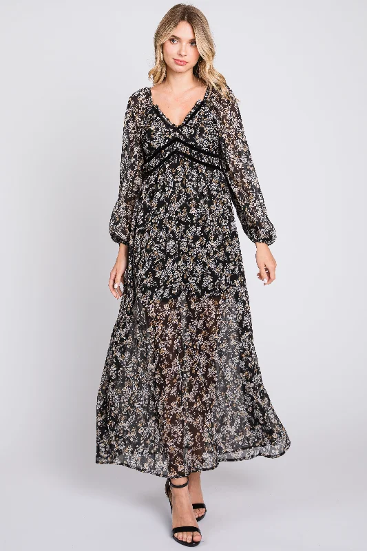 Women's floral dress glint pop -Black Floral Chiffon V-Neck Velvet Trim Maxi Dress