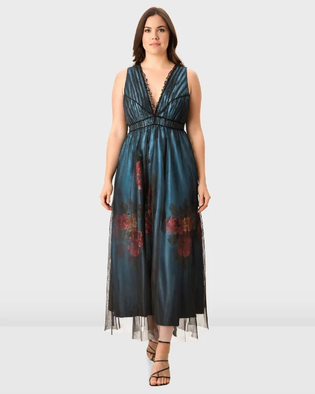 ladies-floral-dress-vermilion-vibe-Sheer tulle overlay floral print dupioni dress | black