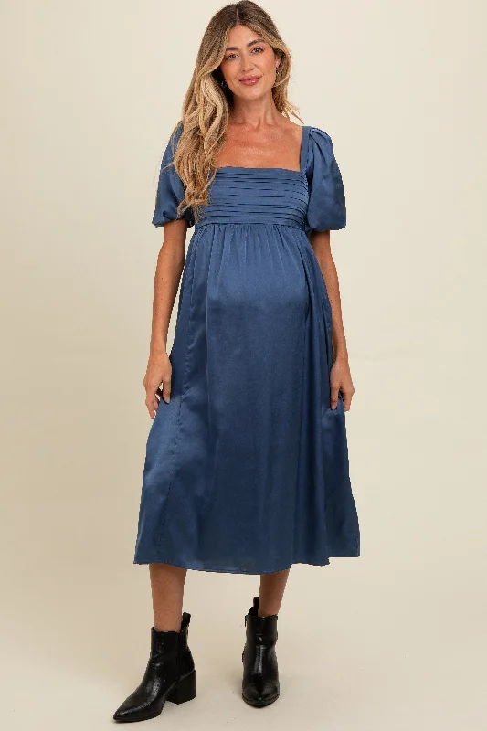 Women's midi dress then chic -Blue Satin Pleated Bodice Puff Sleeve Maternity Midi Dress