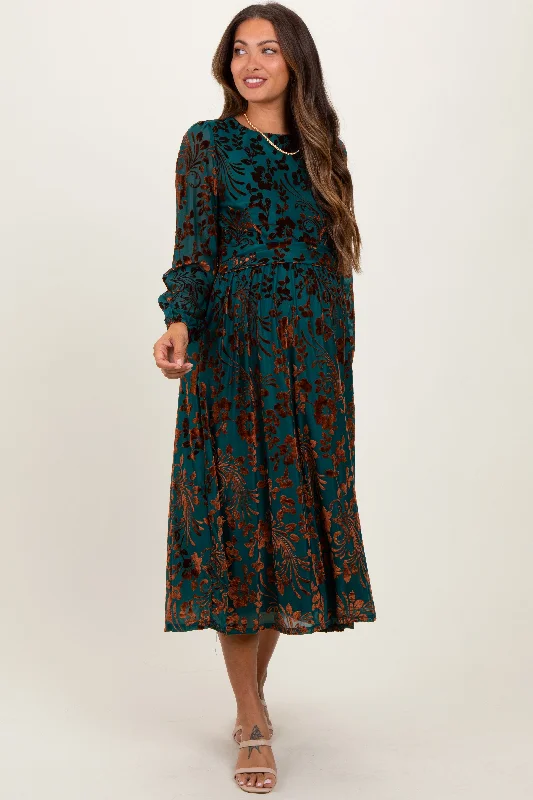 Women's midi dress snow pop -Teal Velvet Floral Overlay Maternity Midi Dress