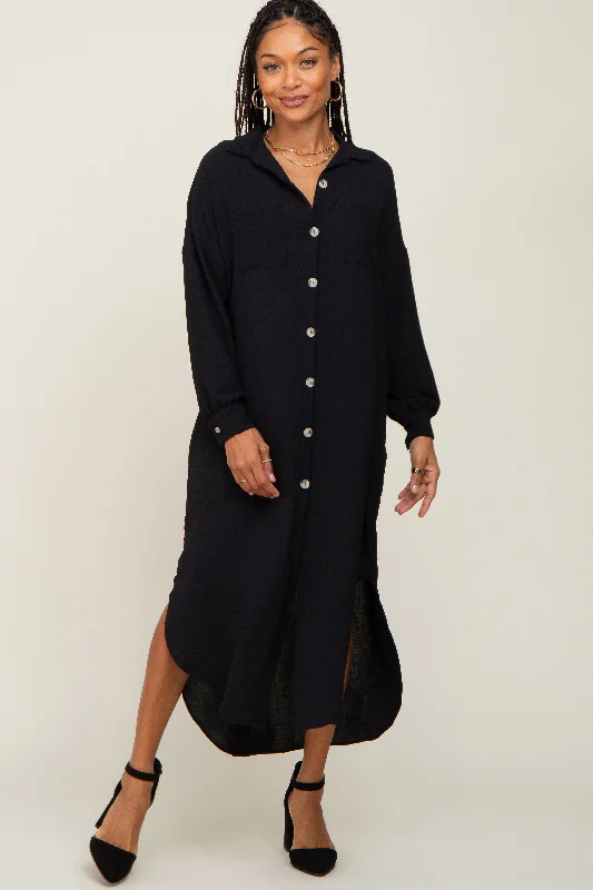 Women's midi dress flash glow -Black Button Down Front Pocket Midi Dress