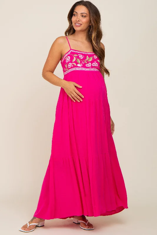 Women's floral dress night glow -Magenta Floral Embroidery Maternity Maxi Dress