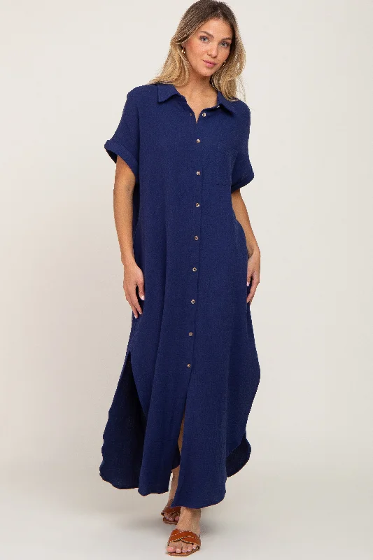 Women's midi dress ease pop -Navy Button Down Midi Dress