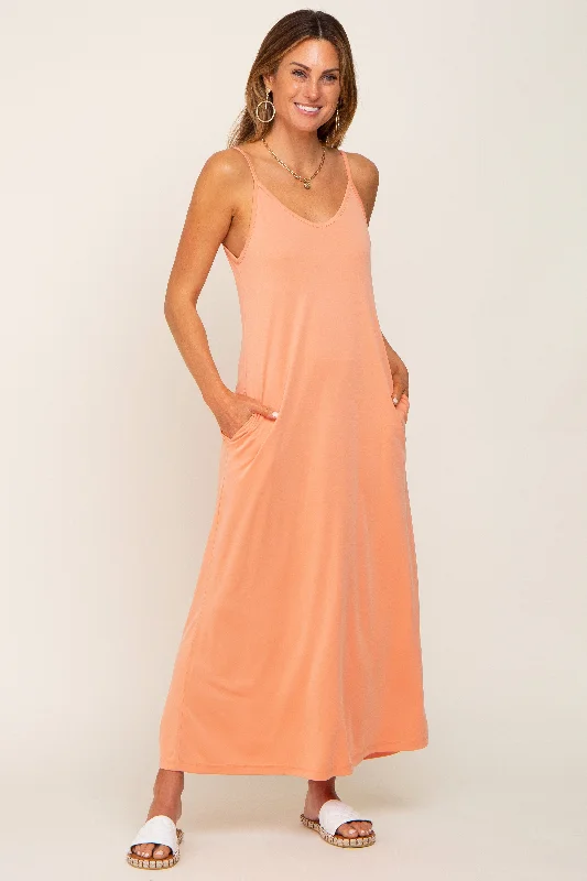 Women's floral dress peek glow -Peach Sleeveless V-Neck Maxi Dress