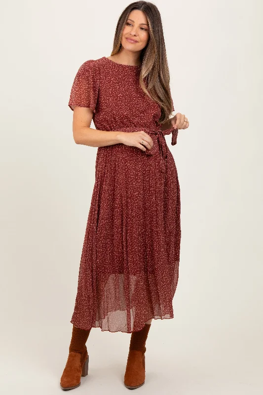 Women's midi dress plum flair -Burgundy Leaf Print Pleated Maternity Midi Dress