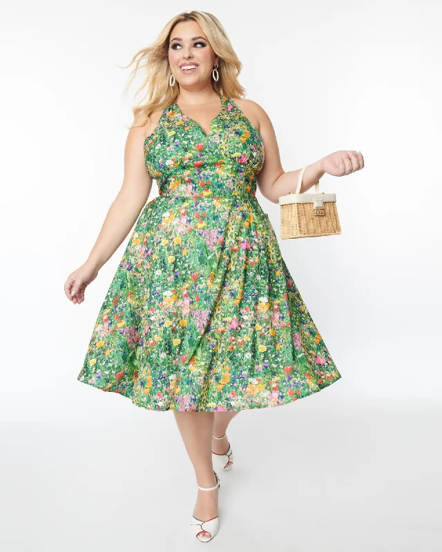 ladies-floral-dress-day-to-dusk-Unique Vintage Floral Meadow Halter Swing Dress | Green, Floral