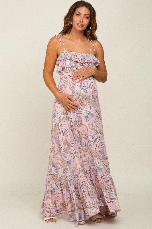 Women's floral dress link flair -Pink Floral Ruffle Top Back Cutout Maternity Maxi Dress