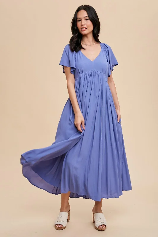 Women's midi dress net chic -Blue V-Neck Flutter Short Sleeve Midi Dress