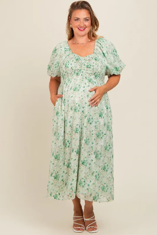 Women's midi dress cool flair -Green Floral Smocked Sweetheart Neck Short Puff Sleeve Maternity Plus Midi Dress