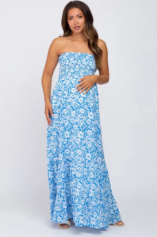 Women's floral dress task glow -Blue Floral Strapless Smocked Maternity Maxi Dress