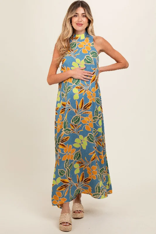 Women's floral dress trail bloom -Blue Floral Halter Maternity Maxi Dress