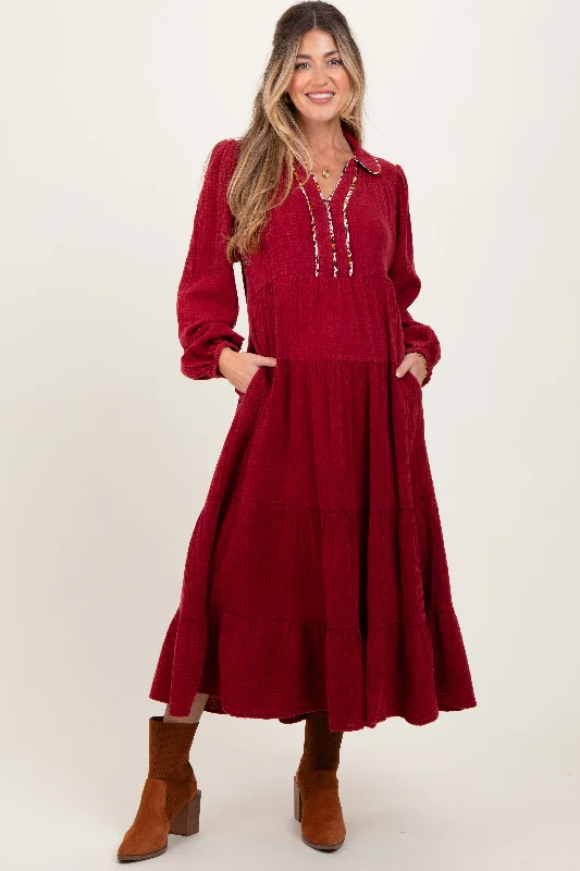 Women's midi dress new flair -Burgundy Cotton Gauze Long Sleeve Tiered Maternity Midi Dress