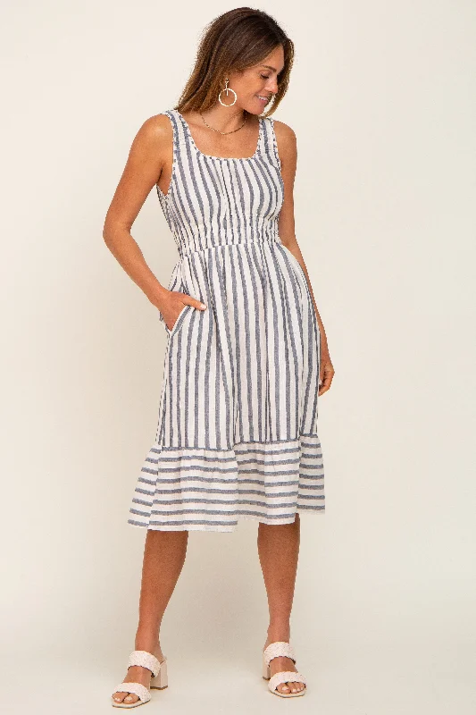 Women's midi dress bead flair -Blue Striped Sleeveless Ruffle Hem Midi Dress