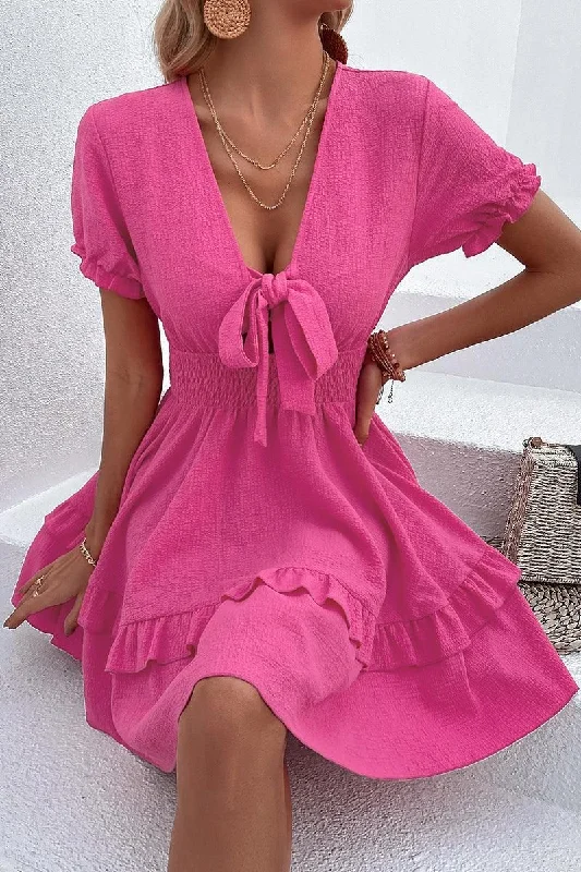 ladies-mini-dress-zip-front-zing-PUFF LACE RUFFLED TIED CHEST MINI DRESS