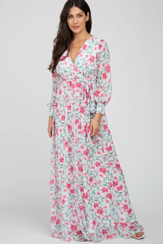 Women's floral dress glint bloom -Ivory Floral Chiffon Long Sleeve Pleated Maxi Dress