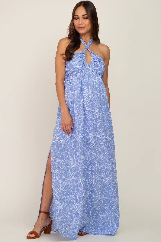 Women's floral dress frill chic -Blue Floral Halter Neck Maternity Maxi Dress