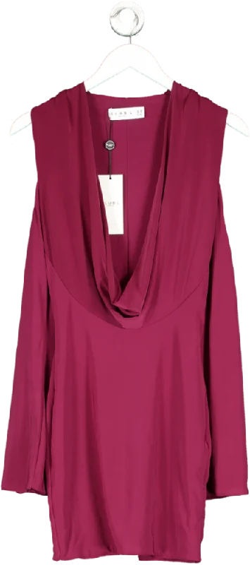 ladies-mini-dress-ruched-rush-Club L Red Lets Escape Berry Cowl Neck Cut Out Long Sleeved Mini Dress UK 8