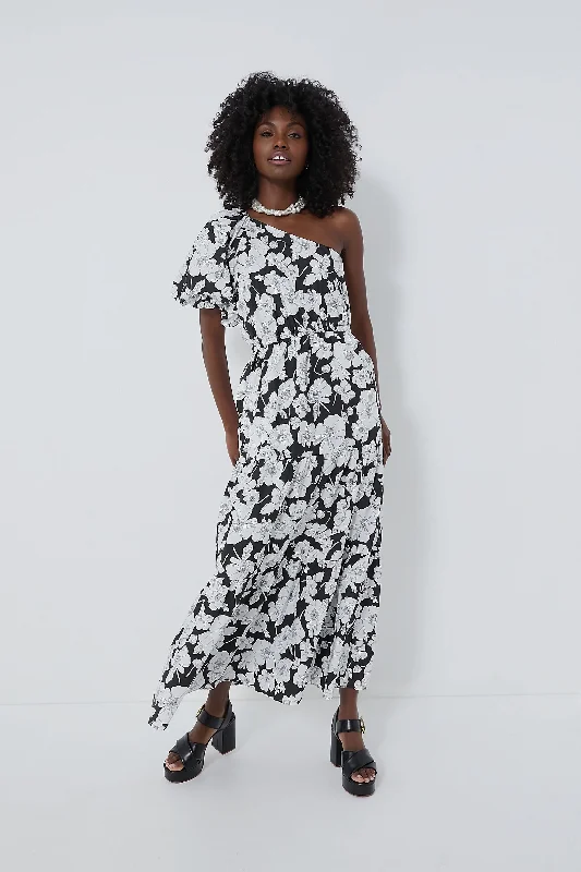 ladies-floral-dress-sale-sweep-Black & White Floral One Shoulder Maureen Maxi Dress