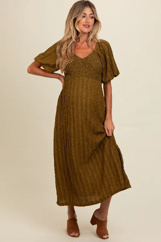 Women's midi dress rare pop -Olive Smocked V-Neck Short Puff Sleeve Textured Maternity Midi Dress