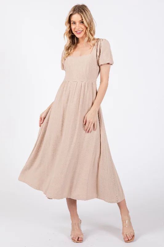 Women's midi dress still chic -Taupe Puff Sleeve Linen Midi Dress