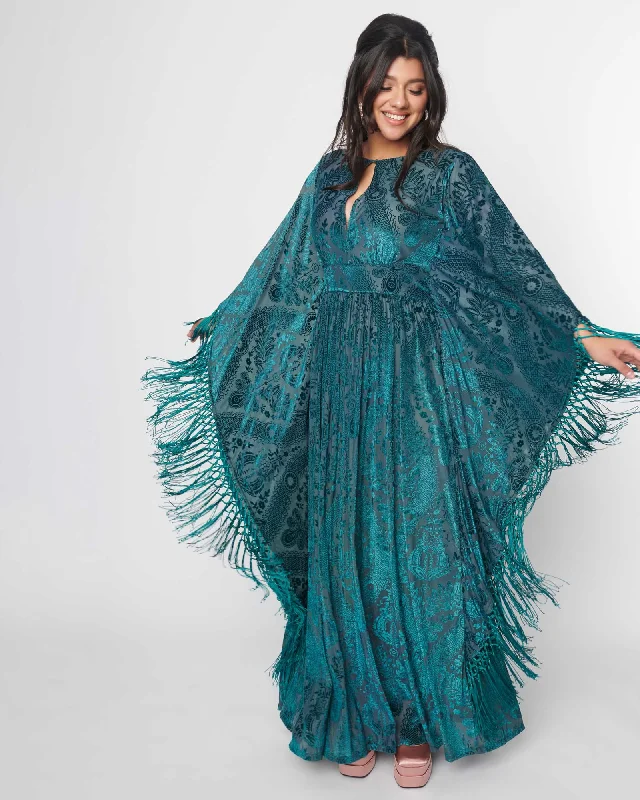 ladies-floral-dress-lapis-lush-Unique Vintage Emerald Floral Fringe Flutter Sleeve Caftan | Green Floral