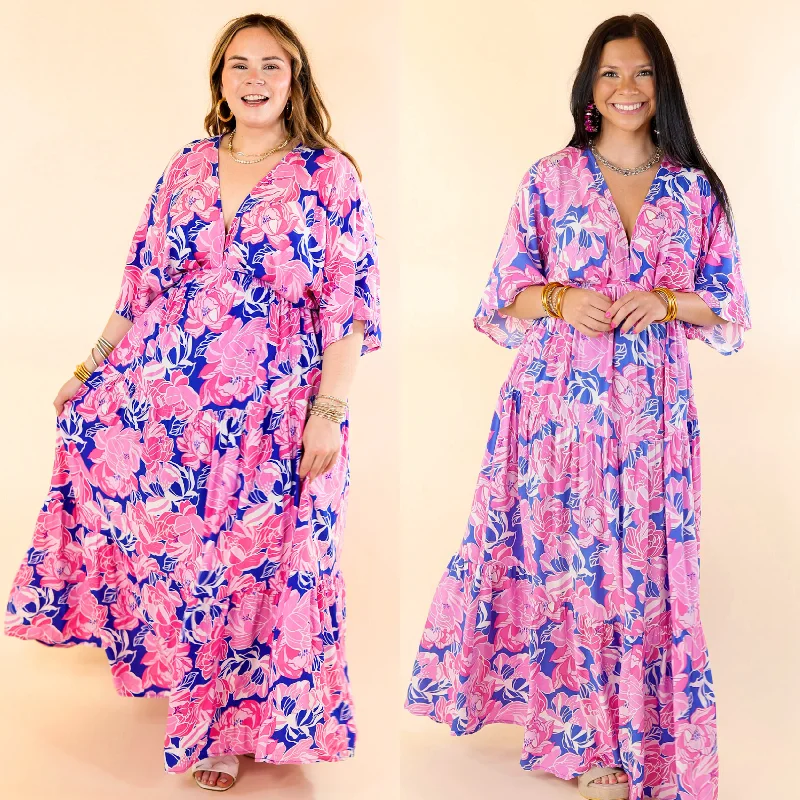 Women's floral dress frill chic -Waving Hello Floral Maxi Dress with V Neckline in Blue and Pink