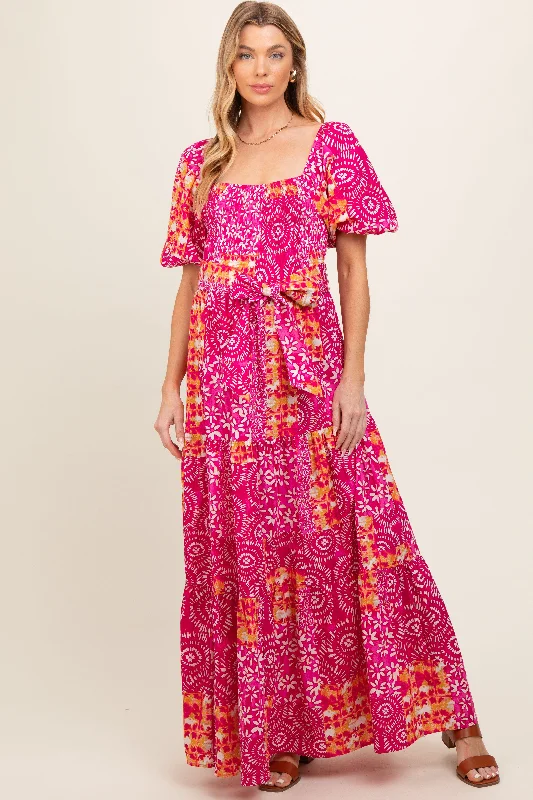 Women's floral dress sea flair -Fuchsia Floral Smocked Short Puff Sleeve Tiered Maternity Maxi Dress