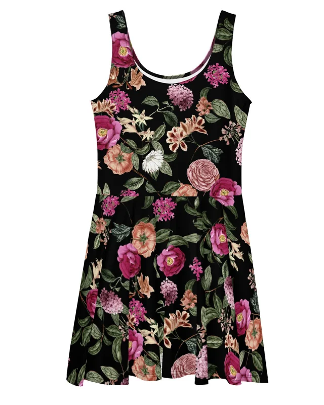 ladies-floral-dress-orange-orchid-Dark Tropic Romance Skater Dress | Dark Tropic Floral Print