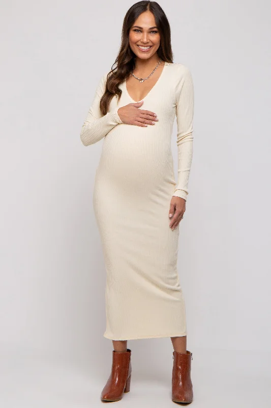 Women's floral dress eve chic -Cream Ribbed Long Sleeve Maternity Maxi Dress