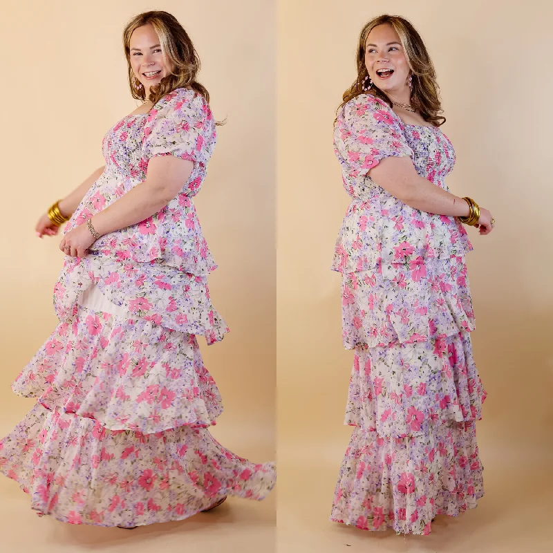 Women's floral dress zest chic -Fun Feeling Floral Tiered Maxi Dress with Smocked Balloon Sleeves in Pink Mix