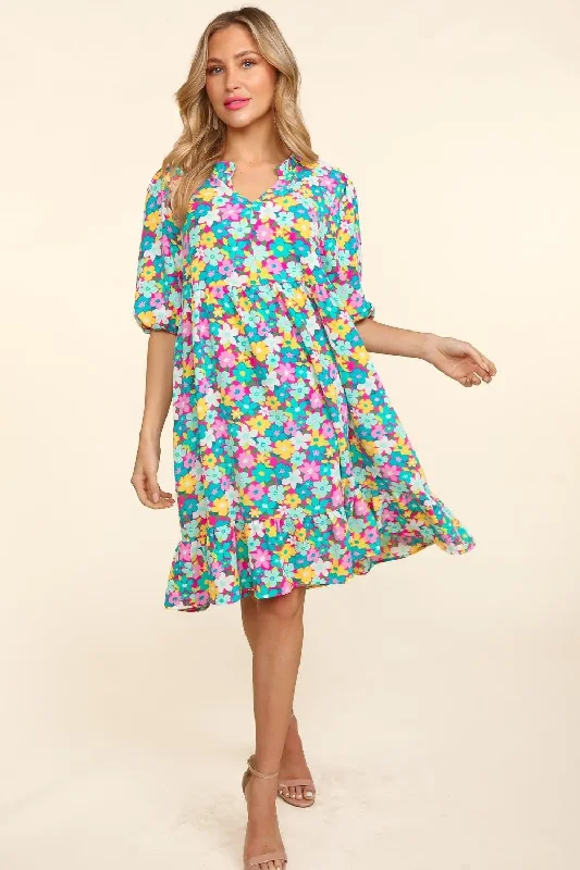 ladies-floral-dress-daisy-dusk-Haptics Bubble Sleeve Floral Ruffled Dress