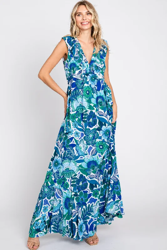 Women's floral dress star pop -Blue Floral Ruffle Accent Sleeveless Maxi Dress