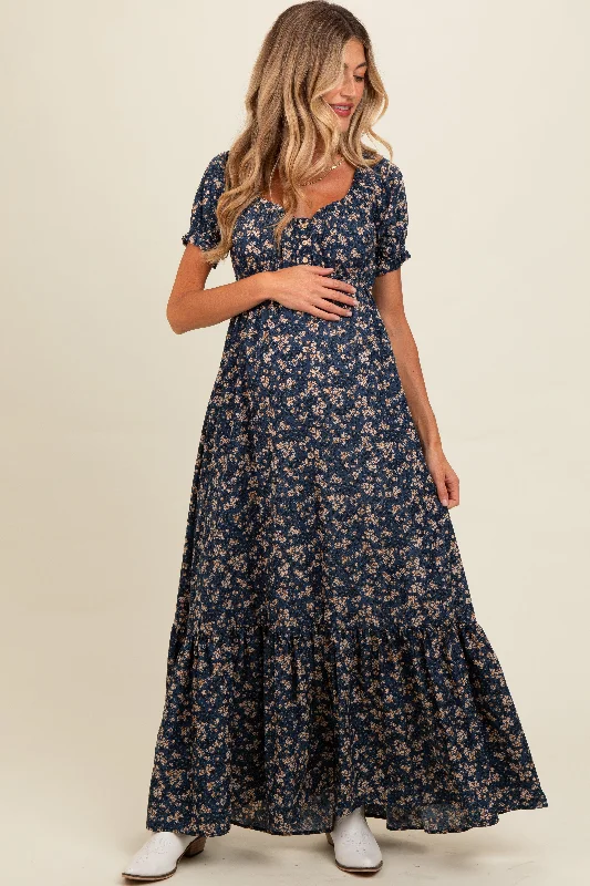 Women's floral dress crew glow -Navy Blue Floral Button Accent Maternity Maxi Dress