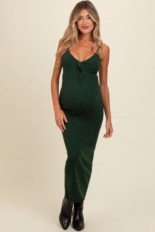 Women's floral dress rim glow -Forest Green Knit Front Tie Detail Maternity Maxi Dress