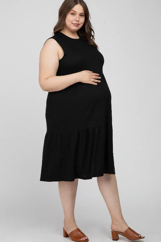 Women's midi dress boom flair -Black Ribbed Sleeveless Plus Maternity Midi Dress