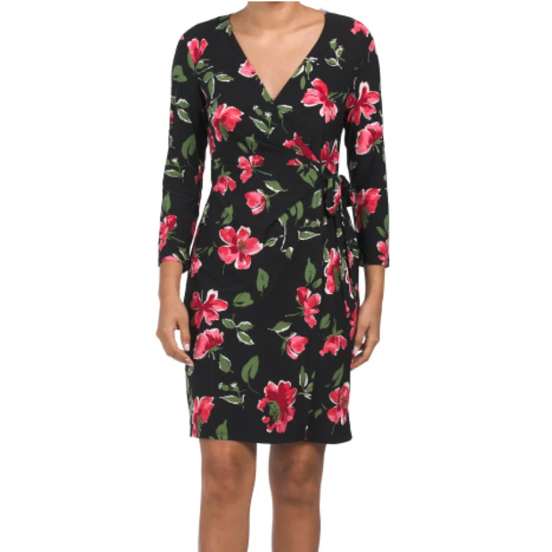 ladies-mini-dress-casual-cool-Anne Klein Women's Roses Floral Print Long Sleeve Wrap Mini Dress